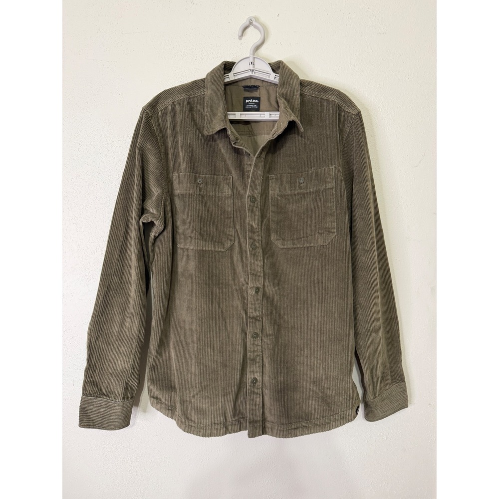 prAna Mens Organic Cotton Corduroy Button Down Shirt Olive Green Medium Outdoor